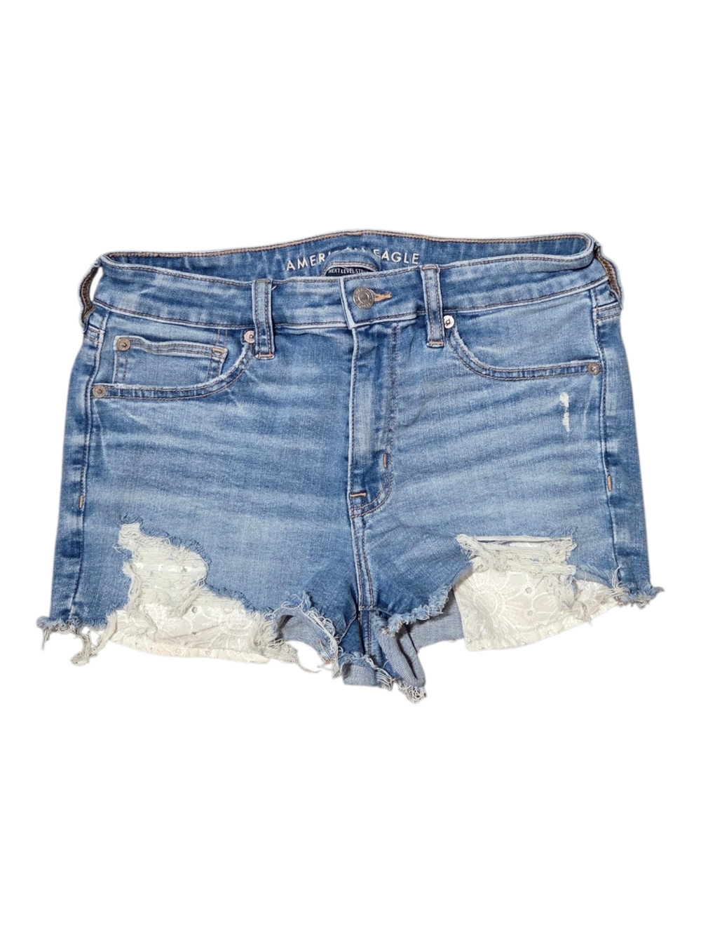 AE High Waisted Distressed Jean Shorts, Frayed Hems, PeekABoo Lace Pockets Sz 8